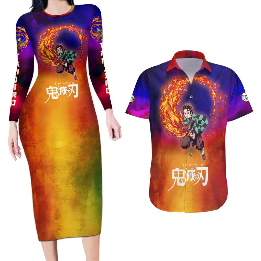Space Samurai Tanjiro Demon Slayer Couples Matching Long Sleeve Bodycon Dress and Hawaiian Shirt Anime Mix Abstracs Style