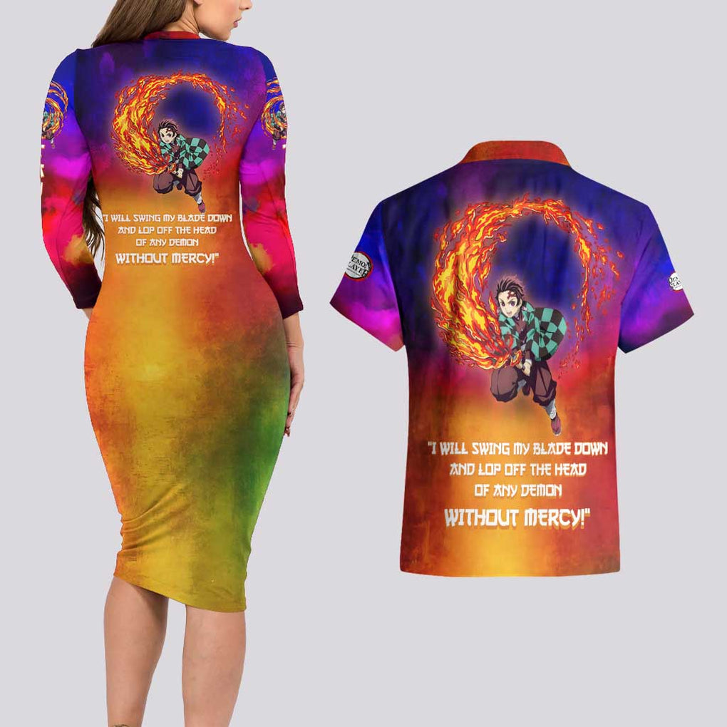 Space Samurai Tanjiro Demon Slayer Couples Matching Long Sleeve Bodycon Dress and Hawaiian Shirt Anime Mix Abstracs Style