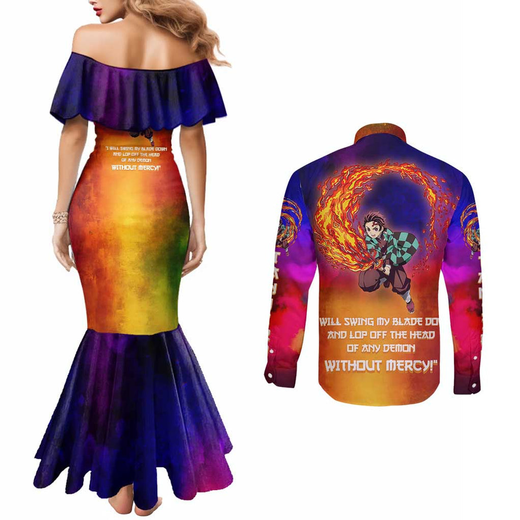 Space Samurai Tanjiro Demon Slayer Couples Matching Mermaid Dress and Long Sleeve Button Shirt Anime Mix Abstracs Style