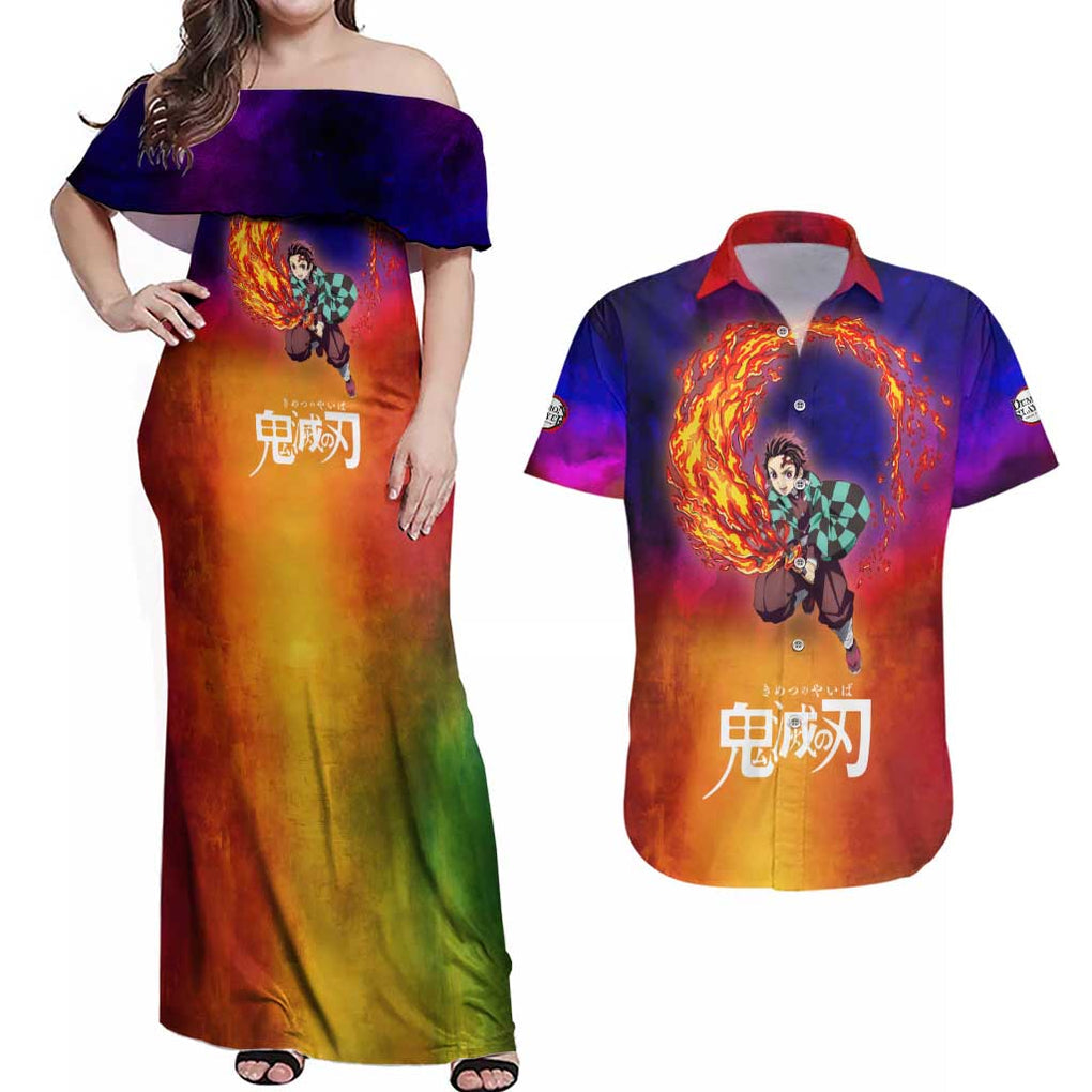 Space Samurai Tanjiro Demon Slayer Couples Matching Off Shoulder Maxi Dress and Hawaiian Shirt Anime Mix Abstracs Style