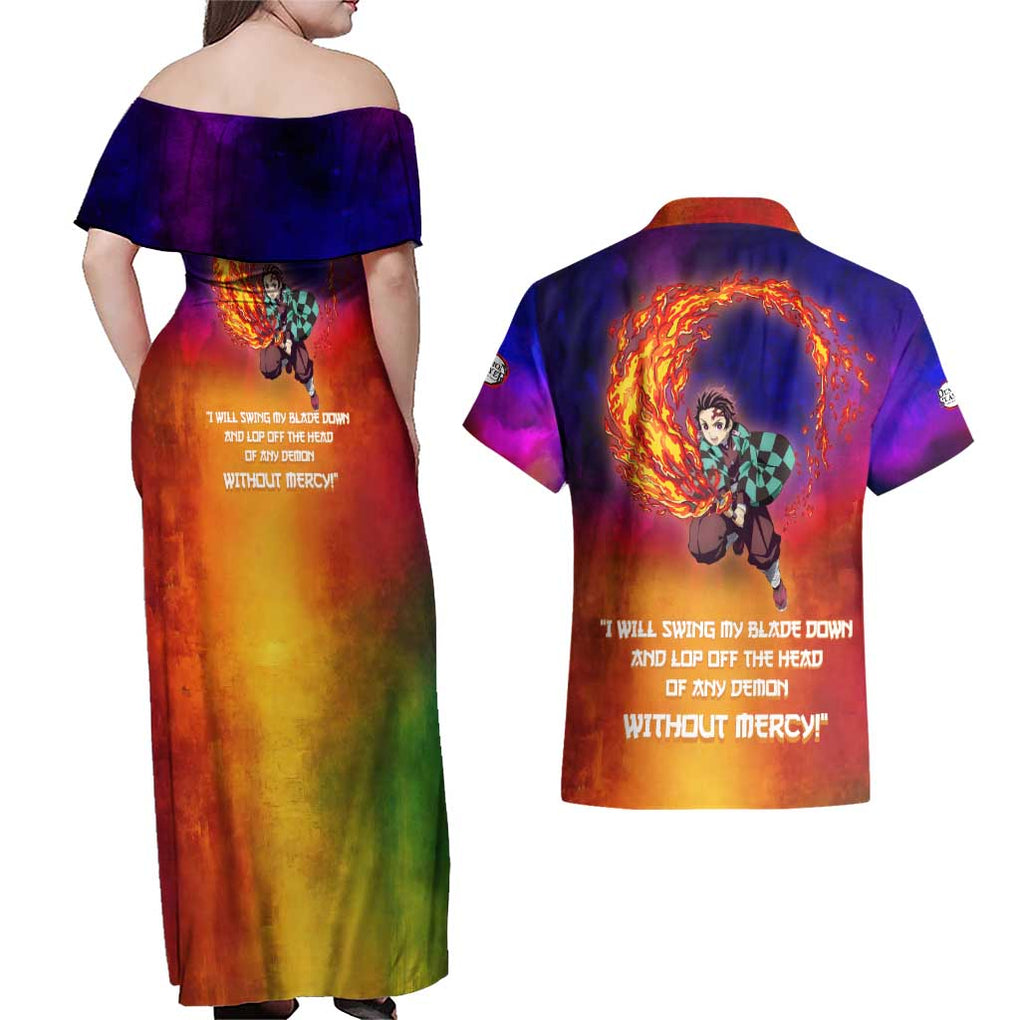 Space Samurai Tanjiro Demon Slayer Couples Matching Off Shoulder Maxi Dress and Hawaiian Shirt Anime Mix Abstracs Style