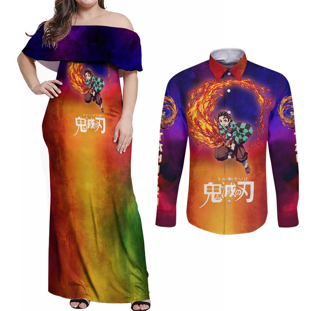 Space Samurai Tanjiro Demon Slayer Couples Matching Off Shoulder Maxi Dress and Long Sleeve Button Shirt Anime Mix Abstracs Style