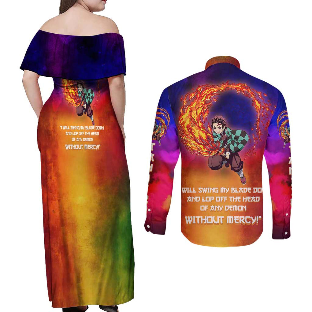 Space Samurai Tanjiro Demon Slayer Couples Matching Off Shoulder Maxi Dress and Long Sleeve Button Shirt Anime Mix Abstracs Style