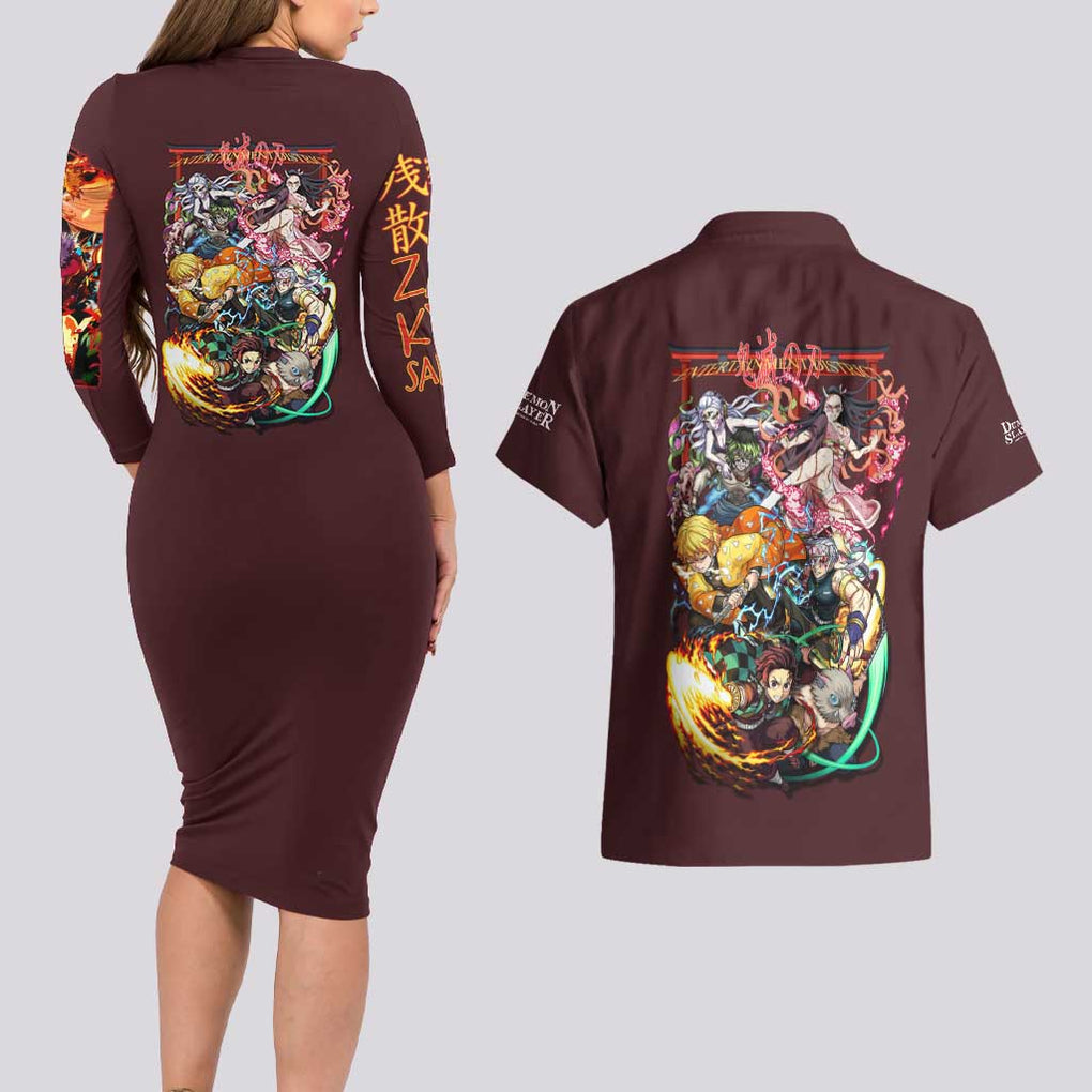 Entertainment District Arc Demon Slayer Couples Matching Long Sleeve Bodycon Dress and Hawaiian Shirt Anime Style