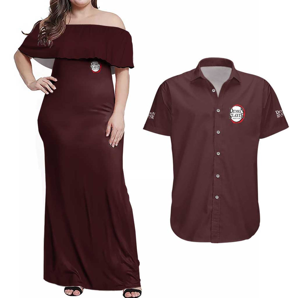 Entertainment District Arc Demon Slayer Couples Matching Off Shoulder Maxi Dress and Hawaiian Shirt Anime Style