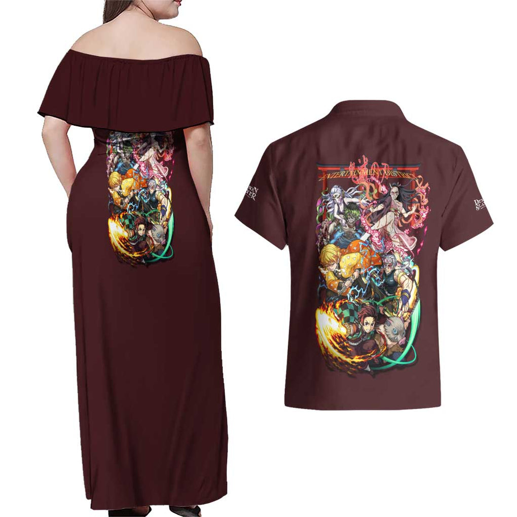 Entertainment District Arc Demon Slayer Couples Matching Off Shoulder Maxi Dress and Hawaiian Shirt Anime Style