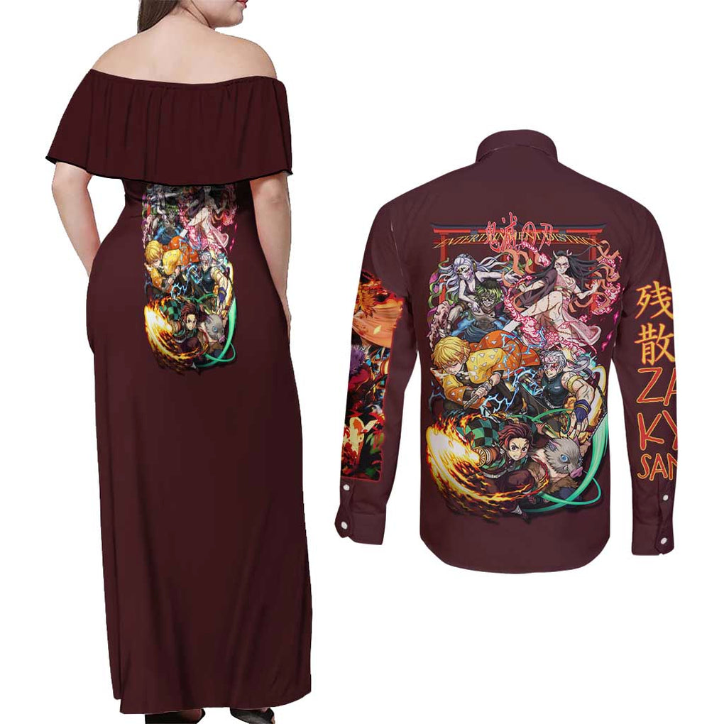 Entertainment District Arc Demon Slayer Couples Matching Off Shoulder Maxi Dress and Long Sleeve Button Shirt Anime Style
