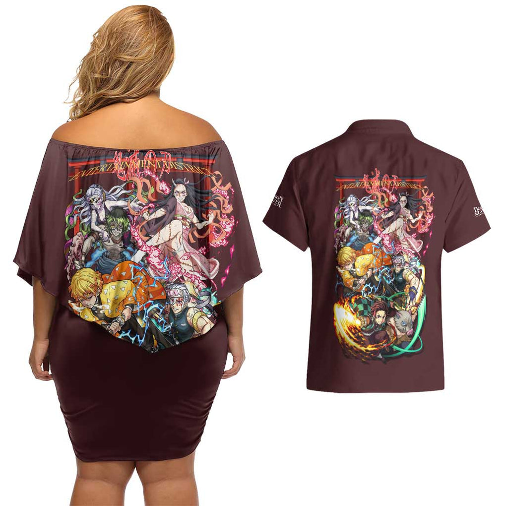 Entertainment District Arc Demon Slayer Couples Matching Off Shoulder Short Dress and Hawaiian Shirt Anime Style