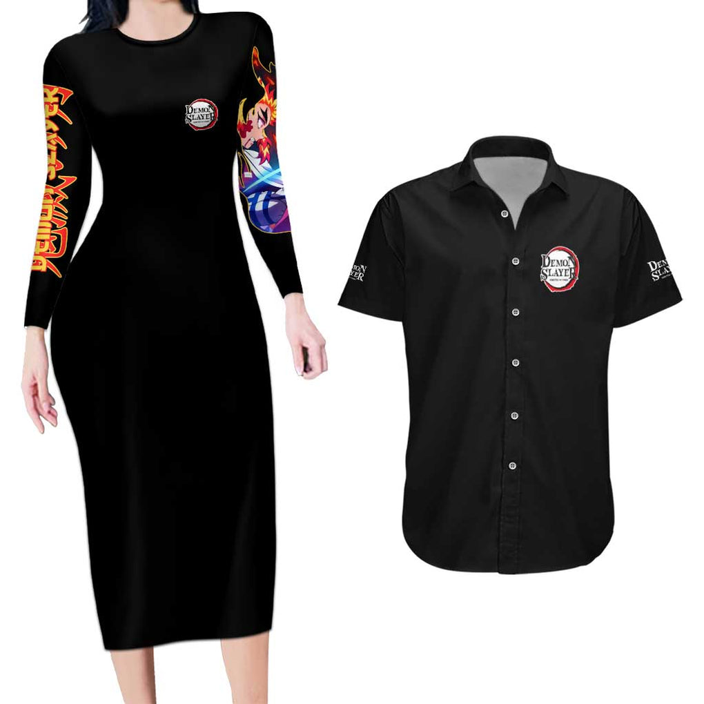 Mugen Train Arc Demon Slayer Couples Matching Long Sleeve Bodycon Dress and Hawaiian Shirt Anime Style