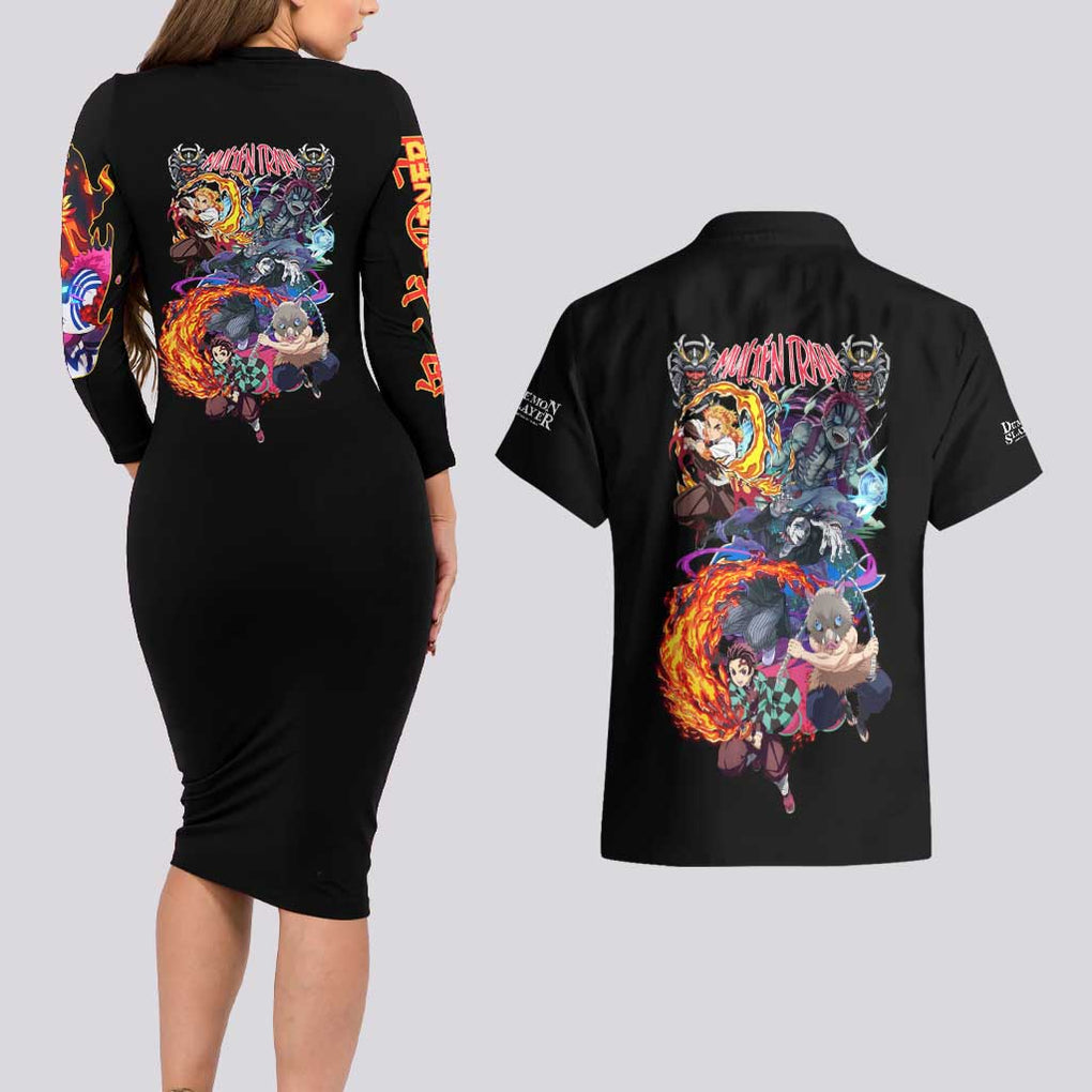 Mugen Train Arc Demon Slayer Couples Matching Long Sleeve Bodycon Dress and Hawaiian Shirt Anime Style