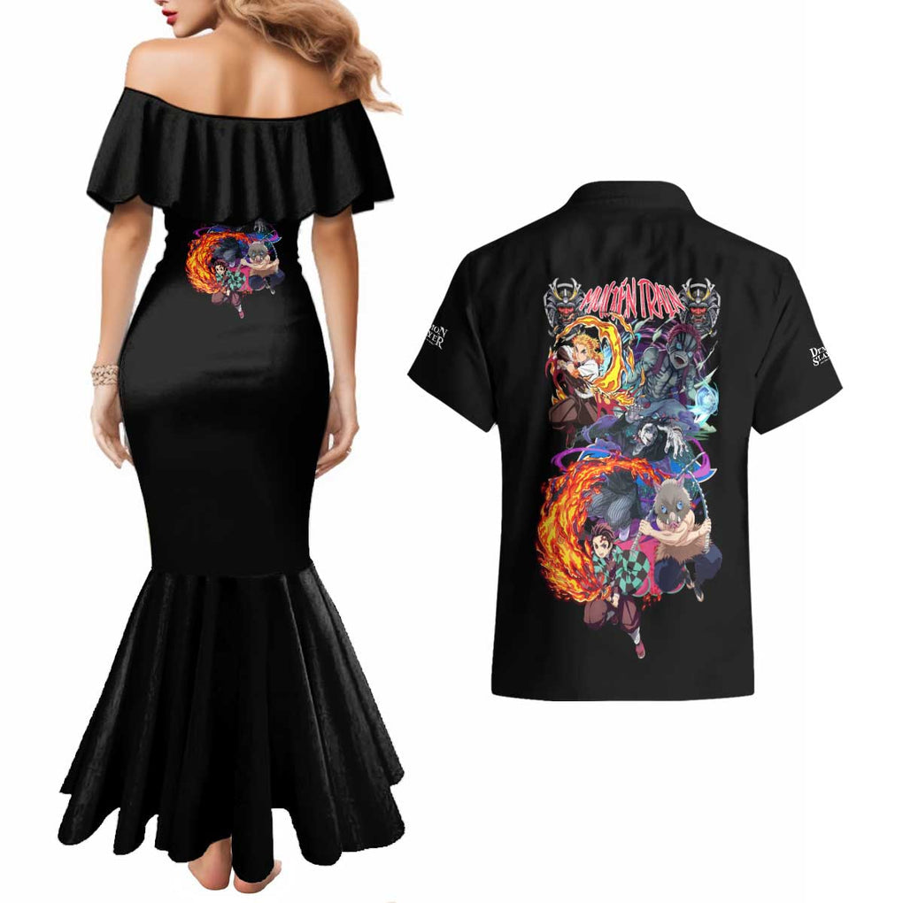 Mugen Train Arc Demon Slayer Couples Matching Mermaid Dress and Hawaiian Shirt Anime Style