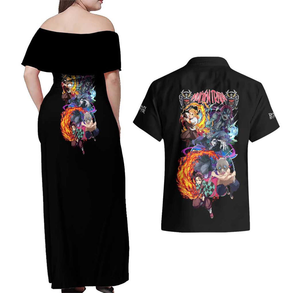 Mugen Train Arc Demon Slayer Couples Matching Off Shoulder Maxi Dress and Hawaiian Shirt Anime Style