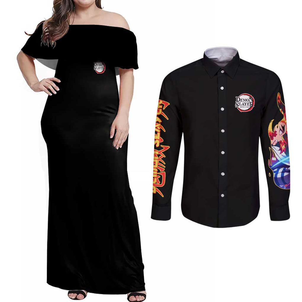 Mugen Train Arc Demon Slayer Couples Matching Off Shoulder Maxi Dress and Long Sleeve Button Shirt Anime Style