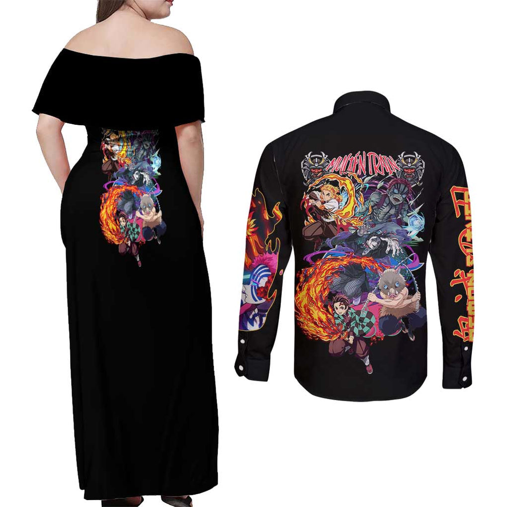 Mugen Train Arc Demon Slayer Couples Matching Off Shoulder Maxi Dress and Long Sleeve Button Shirt Anime Style