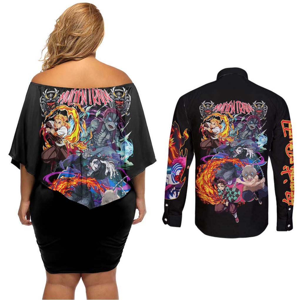Mugen Train Arc Demon Slayer Couples Matching Off Shoulder Short Dress and Long Sleeve Button Shirt Anime Style