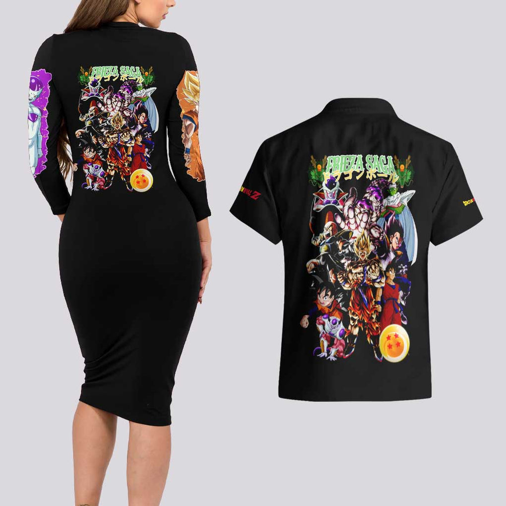Frieza Saga Dragon Ball Z Couples Matching Long Sleeve Bodycon Dress and Hawaiian Shirt Anime Style