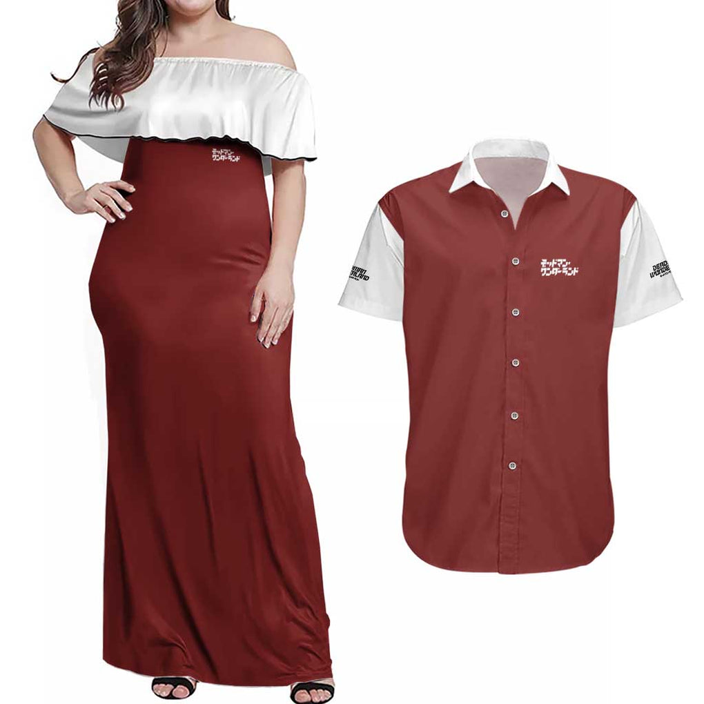 Deadman Wonderland Couples Matching Off Shoulder Maxi Dress and Hawaiian Shirt Anime Style