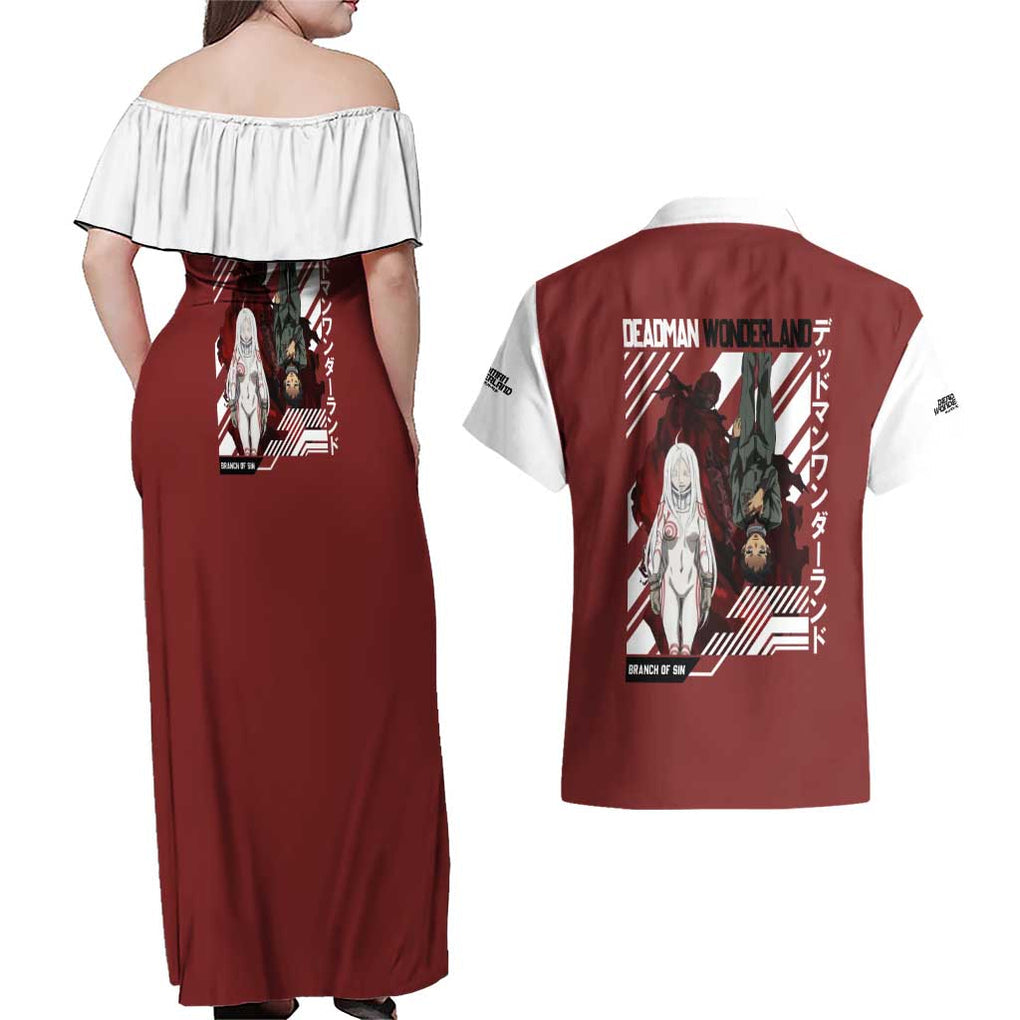 Deadman Wonderland Couples Matching Off Shoulder Maxi Dress and Hawaiian Shirt Anime Style