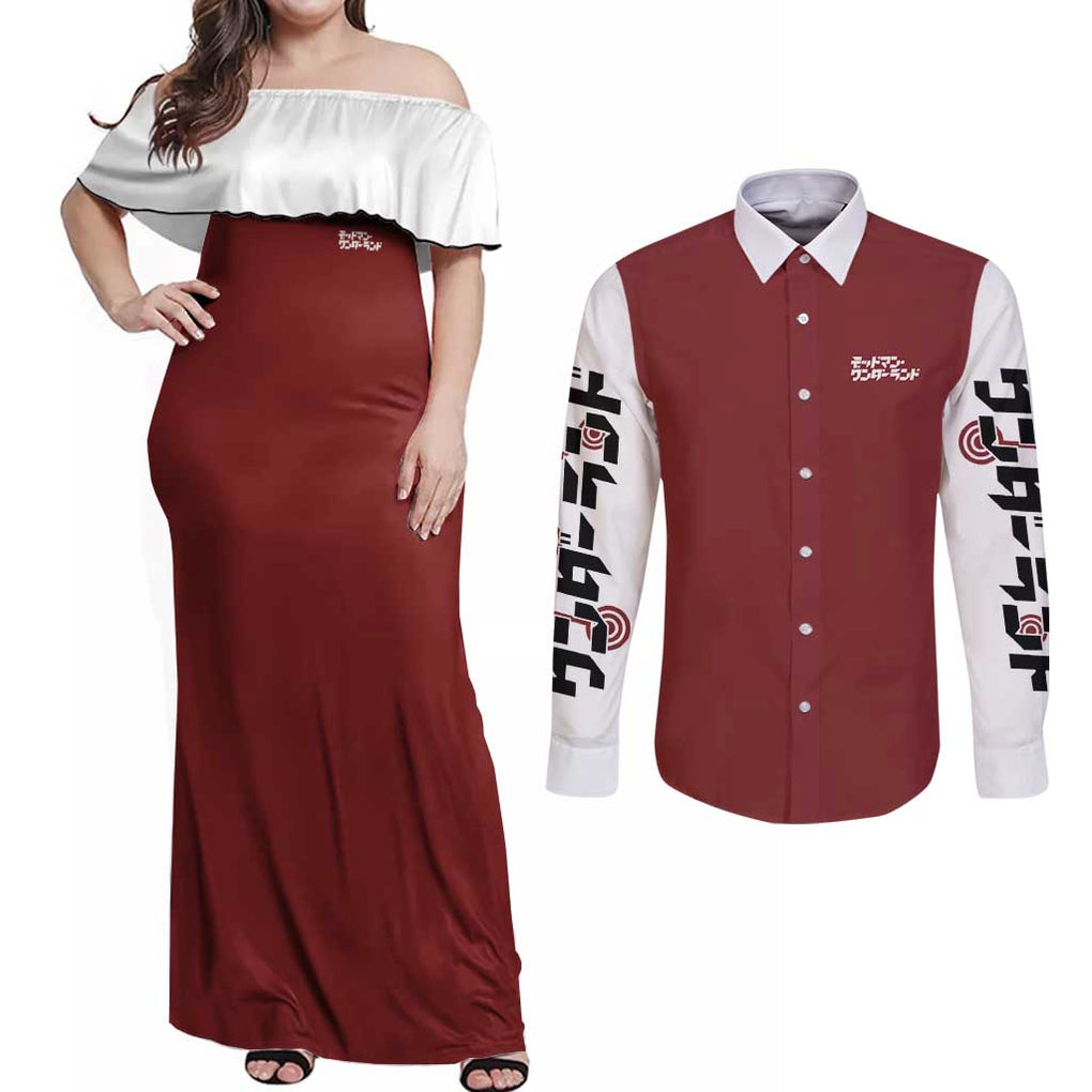 Deadman Wonderland Couples Matching Off Shoulder Maxi Dress and Long Sleeve Button Shirt Anime Style