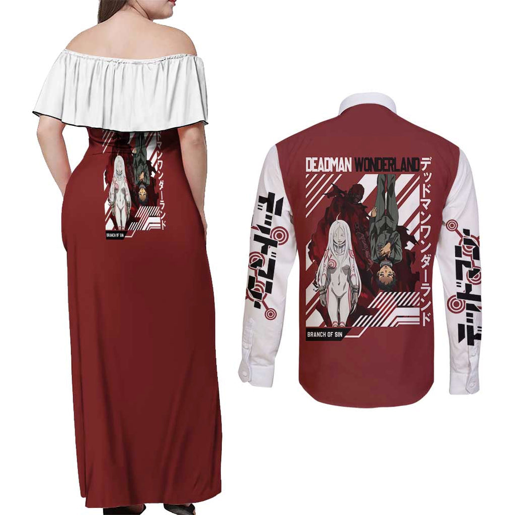 Deadman Wonderland Couples Matching Off Shoulder Maxi Dress and Long Sleeve Button Shirt Anime Style