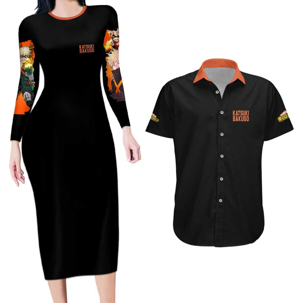 Katsuki Bakugo V2 My Hero Academia Couples Matching Long Sleeve Bodycon Dress and Hawaiian Shirt Anime Style