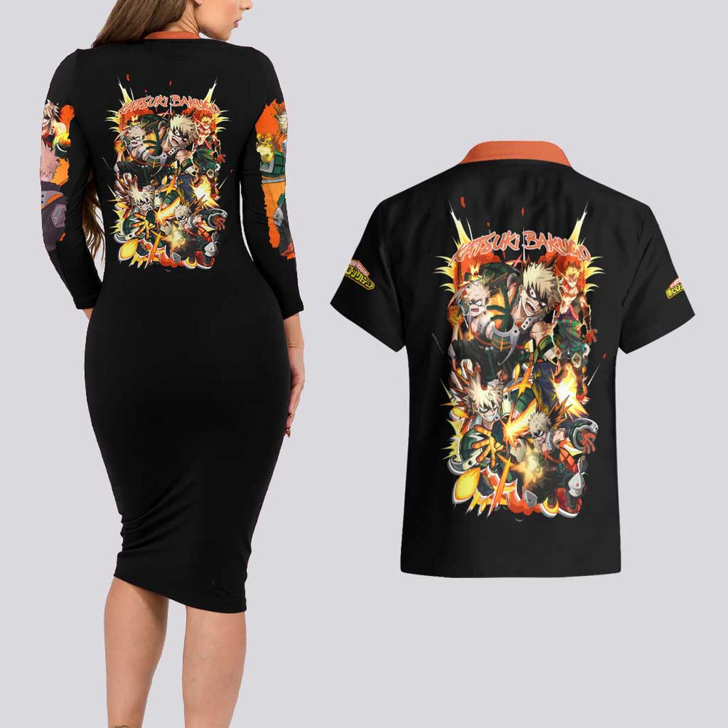 Katsuki Bakugo V2 My Hero Academia Couples Matching Long Sleeve Bodycon Dress and Hawaiian Shirt Anime Style