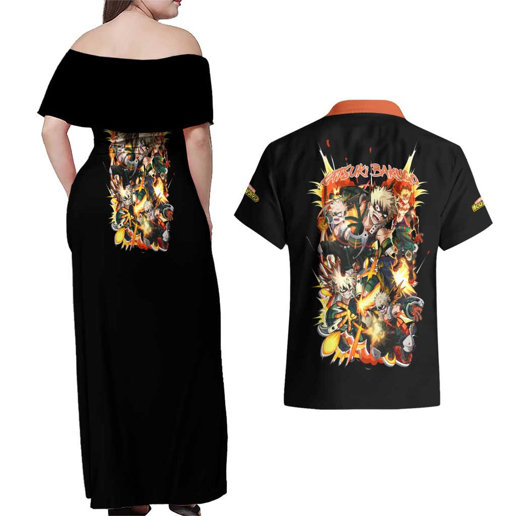 Katsuki Bakugo V2 My Hero Academia Couples Matching Off Shoulder Maxi Dress and Hawaiian Shirt Anime Style