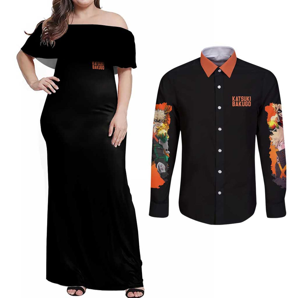 Katsuki Bakugo V2 My Hero Academia Couples Matching Off Shoulder Maxi Dress and Long Sleeve Button Shirt Anime Style