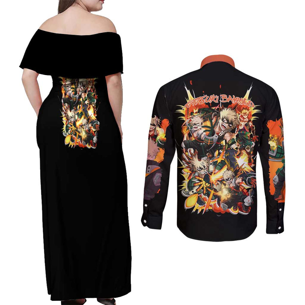 Katsuki Bakugo V2 My Hero Academia Couples Matching Off Shoulder Maxi Dress and Long Sleeve Button Shirt Anime Style