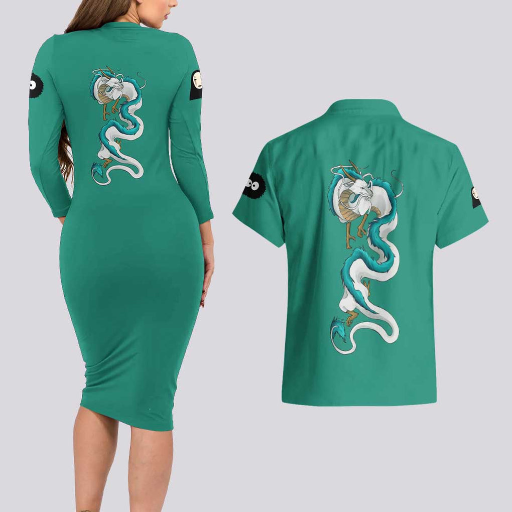 Spirited Away Studio Ghibli Hoodie Couples Matching Long Sleeve Bodycon Dress and Hawaiian Shirt Anime Style