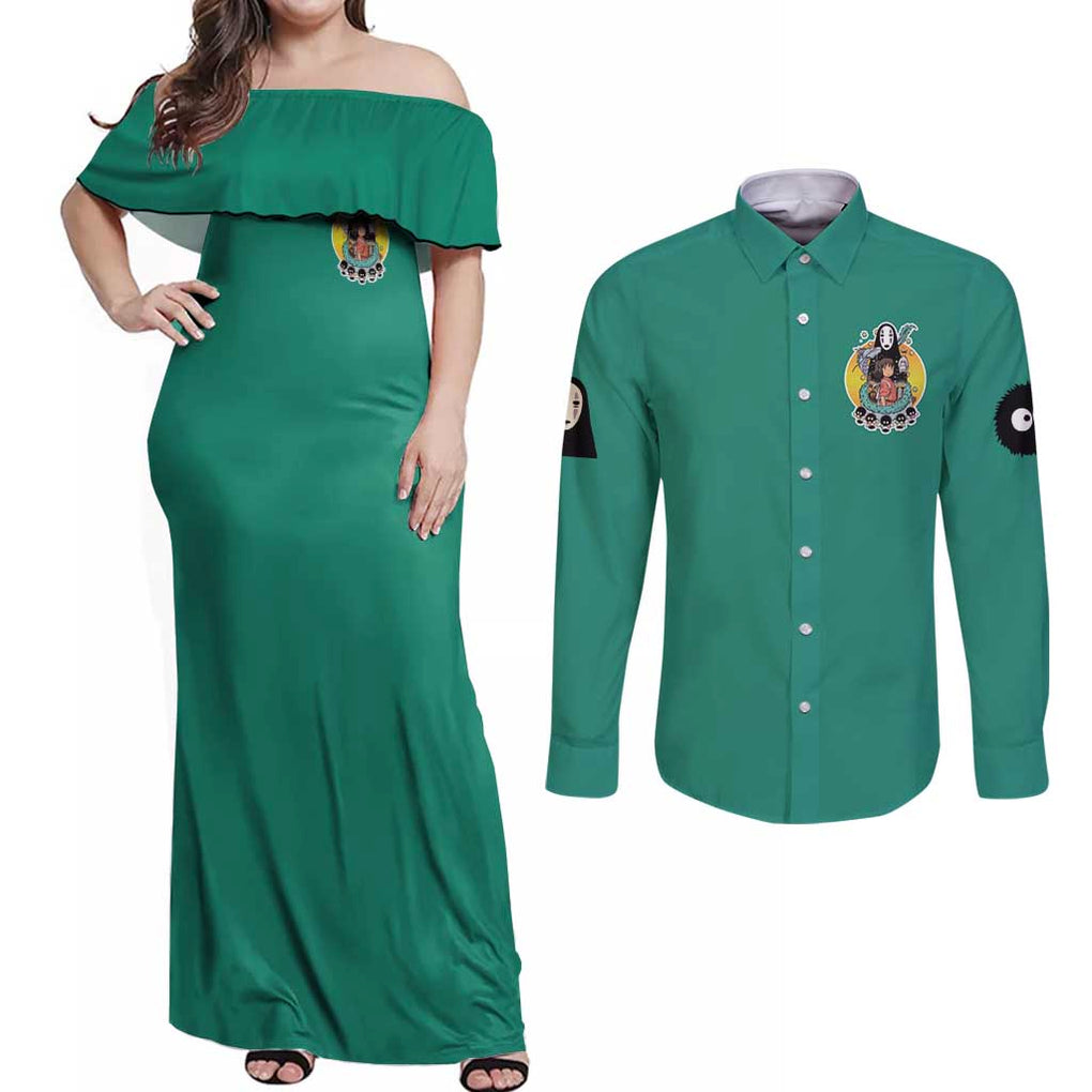 Spirited Away Studio Ghibli Hoodie Couples Matching Off Shoulder Maxi Dress and Long Sleeve Button Shirt Anime Style