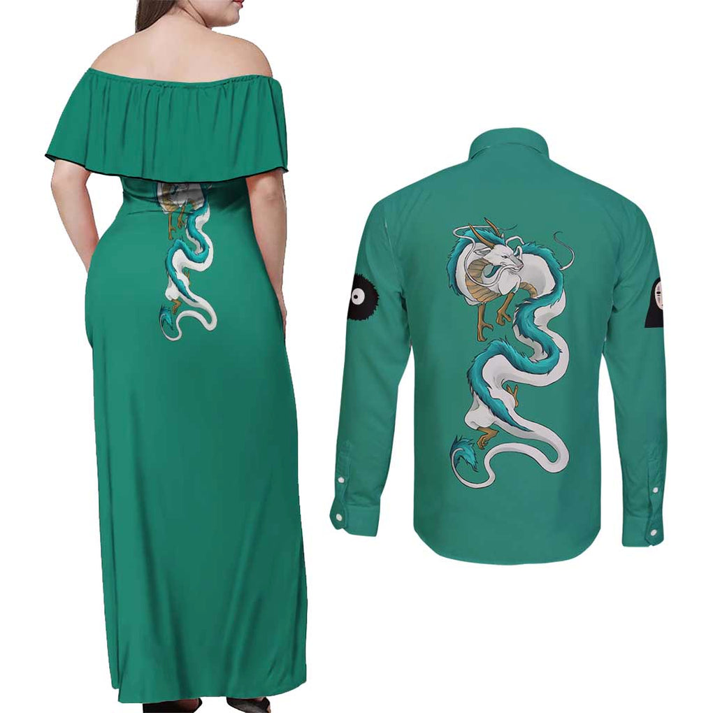 Spirited Away Studio Ghibli Hoodie Couples Matching Off Shoulder Maxi Dress and Long Sleeve Button Shirt Anime Style
