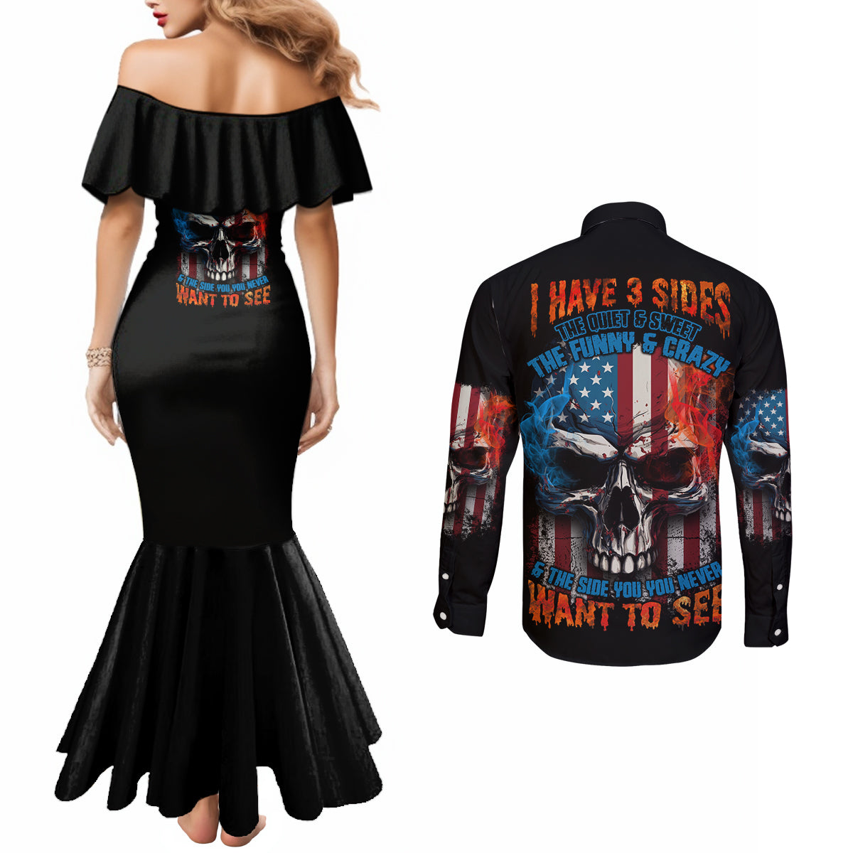 i-have-three-sides-skull-flag-couples-matching-mermaid-dress-and-long-sleeve-button-shirt