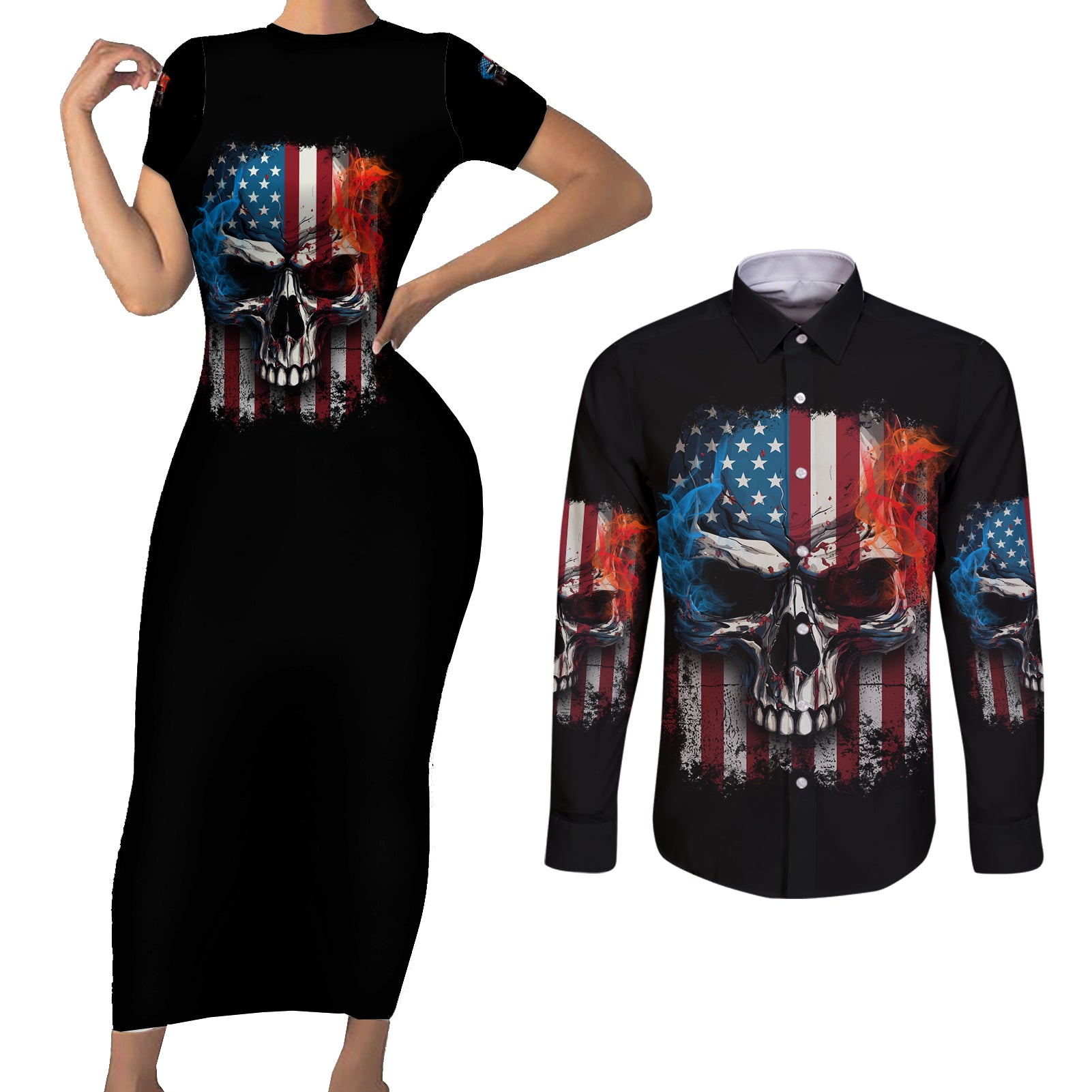 i-have-three-sides-skull-flag-couples-matching-short-sleeve-bodycon-dress-and-long-sleeve-button-shirt