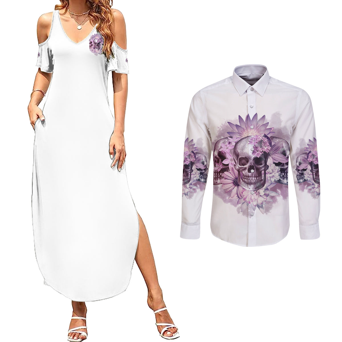 stuck-between-idk-idc-and-idgaf-skull-couples-matching-summer-maxi-dress-and-long-sleeve-button-shirt