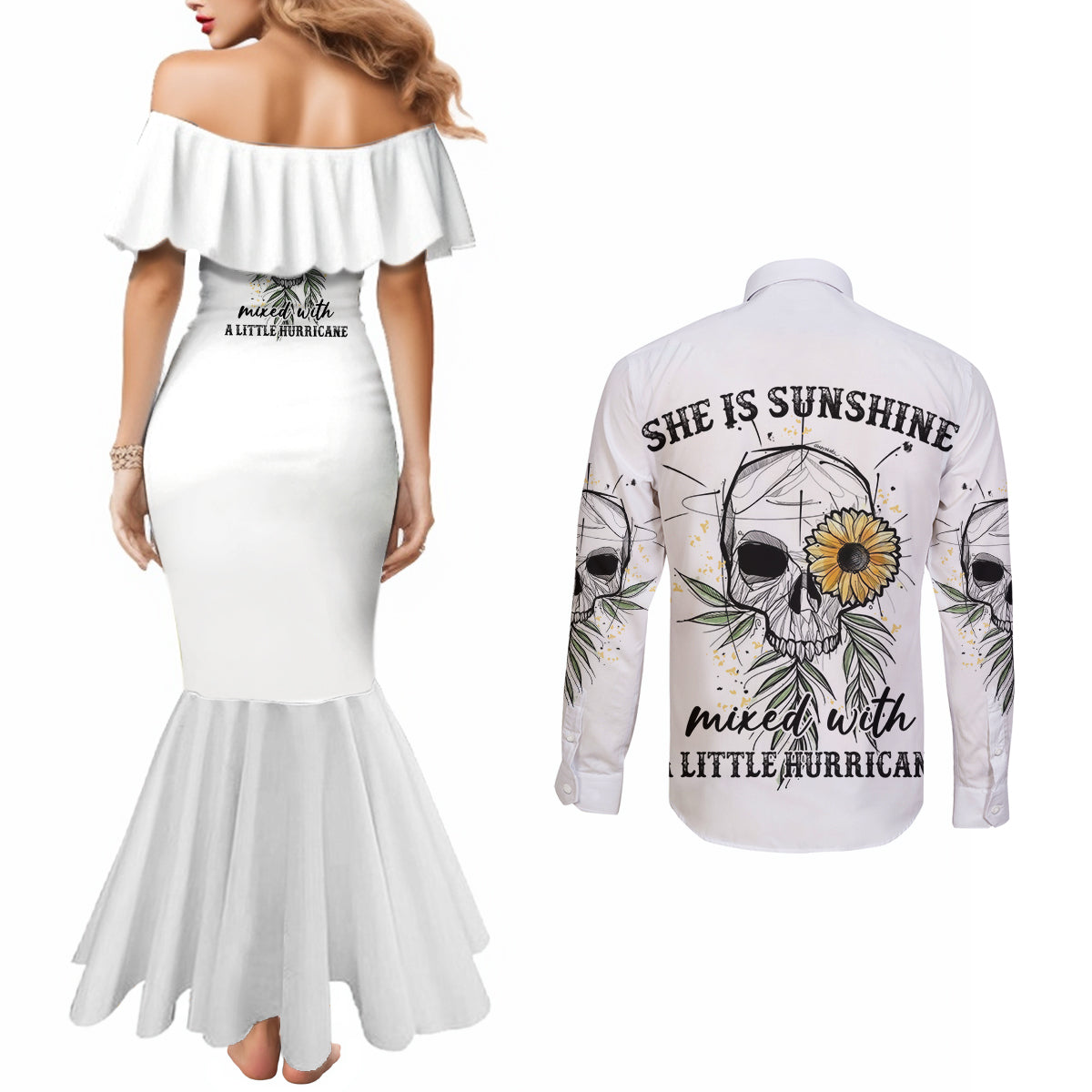 she-is-sunshine-skull-sunflower-couples-matching-mermaid-dress-and-long-sleeve-button-shirt