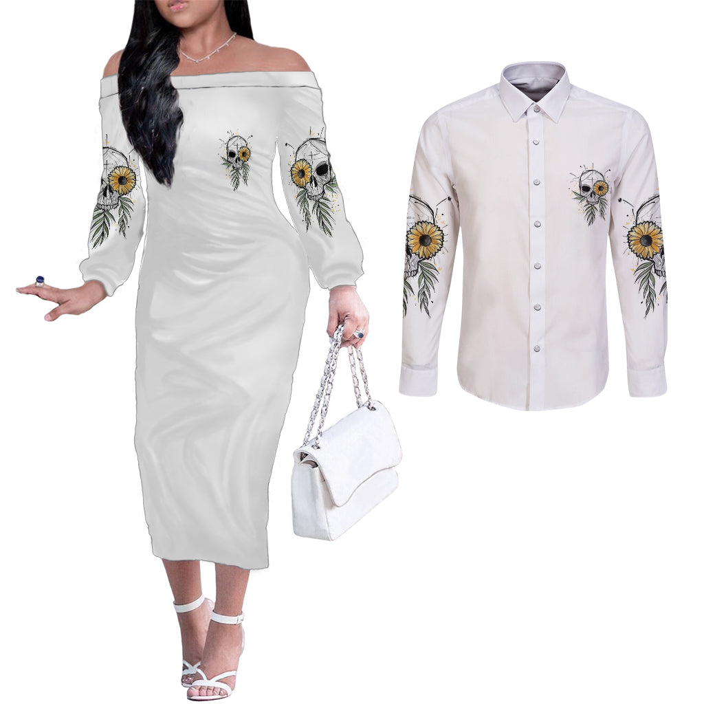 she-is-sunshine-skull-sunflower-couples-matching-off-the-shoulder-long-sleeve-dress-and-long-sleeve-button-shirt