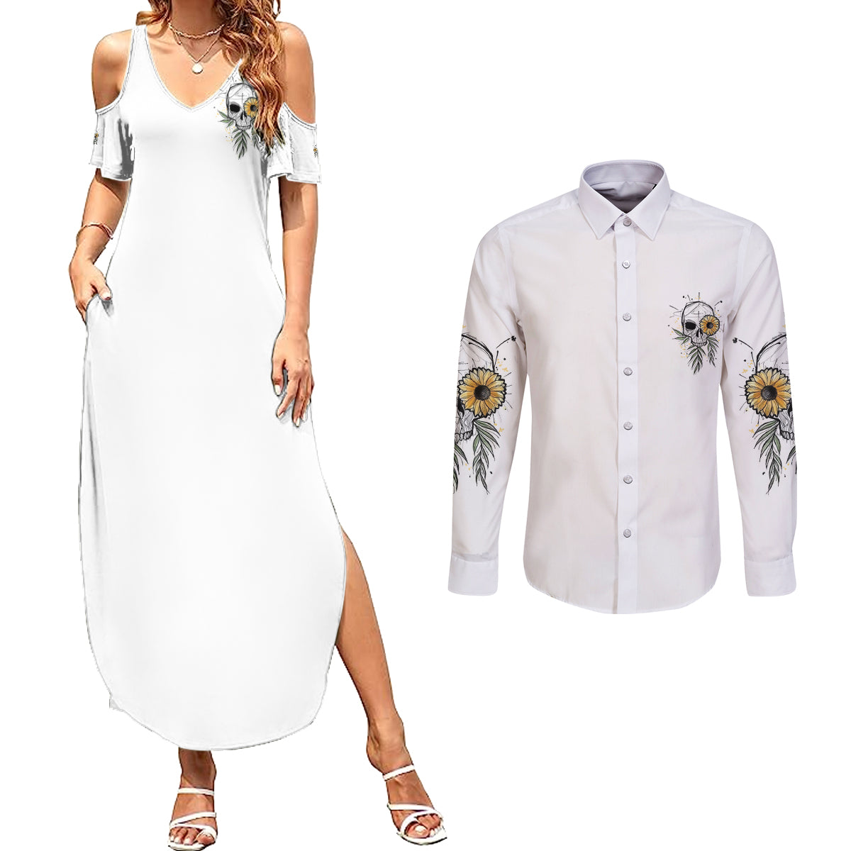 she-is-sunshine-skull-sunflower-couples-matching-summer-maxi-dress-and-long-sleeve-button-shirt
