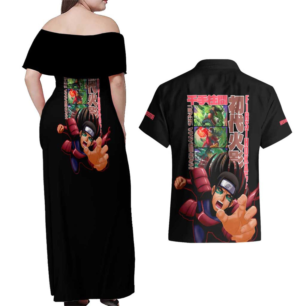Hashirama Senju V2 Naruto Couples Matching Off Shoulder Maxi Dress and Hawaiian Shirt Japan Anime Style