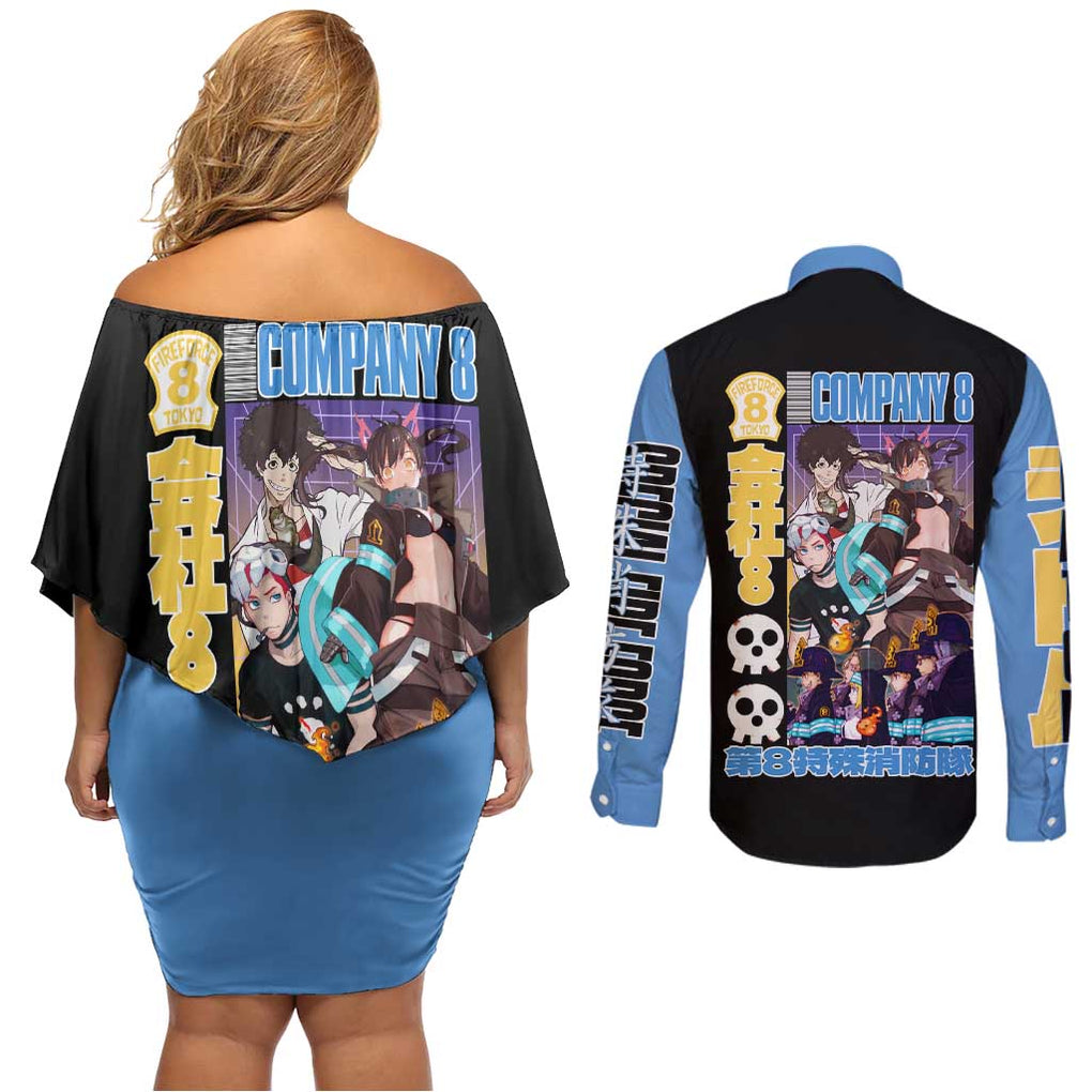 Company 8 Fire Force Couples Matching Off Shoulder Short Dress and Long Sleeve Button Shirt Japan Anime Style