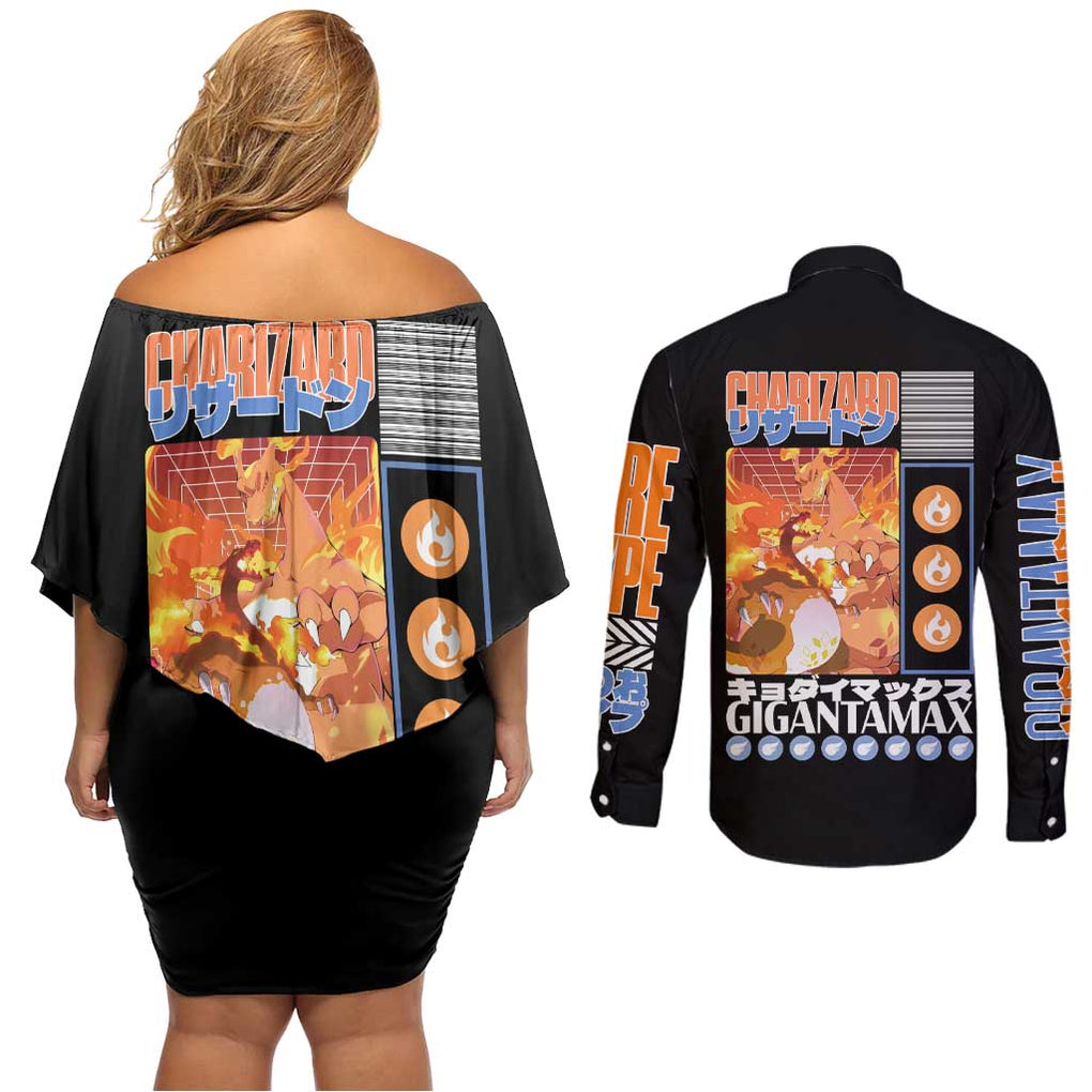 Gigantamax Charizard Poke Couples Matching Off Shoulder Short Dress and Long Sleeve Button Shirt Japan Anime Style