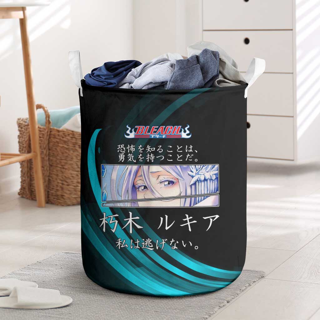 Rukia Kuchiki Bleach Anime Black and Teal Theme Laundry Basket with Zanpakuto Pose and Japanese Quote Design - The Mazicc