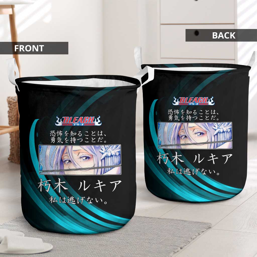 Rukia Kuchiki Bleach Anime Black and Teal Theme Laundry Basket with Zanpakuto Pose and Japanese Quote Design - The Mazicc