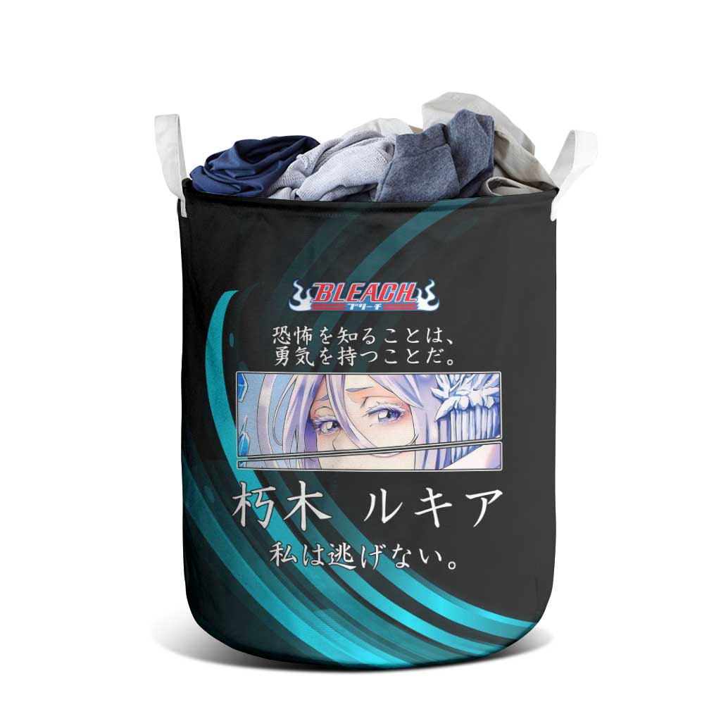 Rukia Kuchiki Bleach Anime Black and Teal Theme Laundry Basket with Zanpakuto Pose and Japanese Quote Design - The Mazicc
