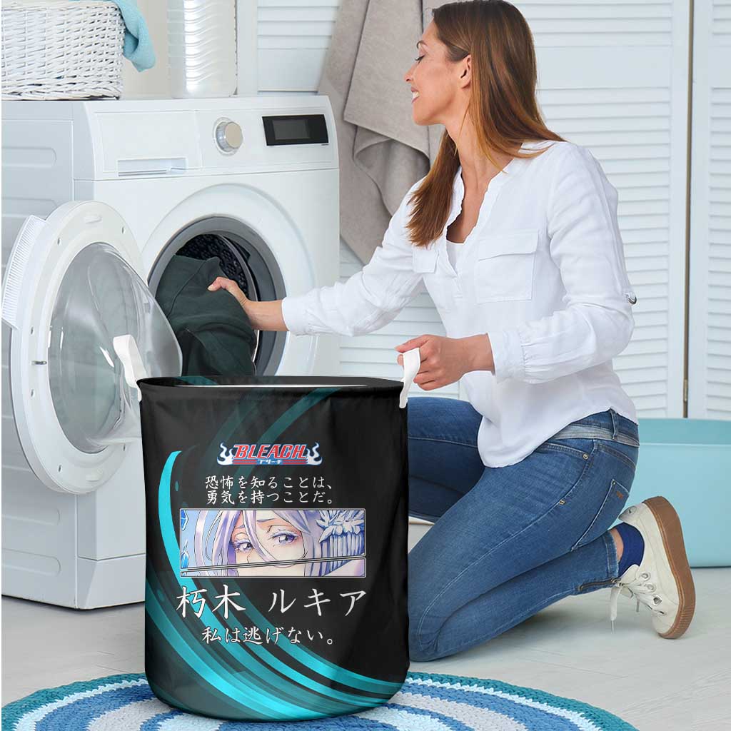 Rukia Kuchiki Bleach Anime Black and Teal Theme Laundry Basket with Zanpakuto Pose and Japanese Quote Design - The Mazicc