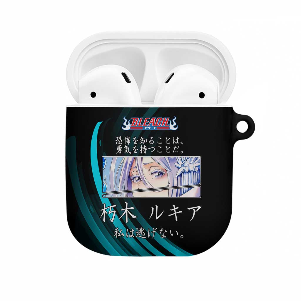 Rukia Kuchiki Bleach Anime Black and Teal Theme AirPods Case with Zanpakuto Pose and Japanese Quote Design - The Mazicc