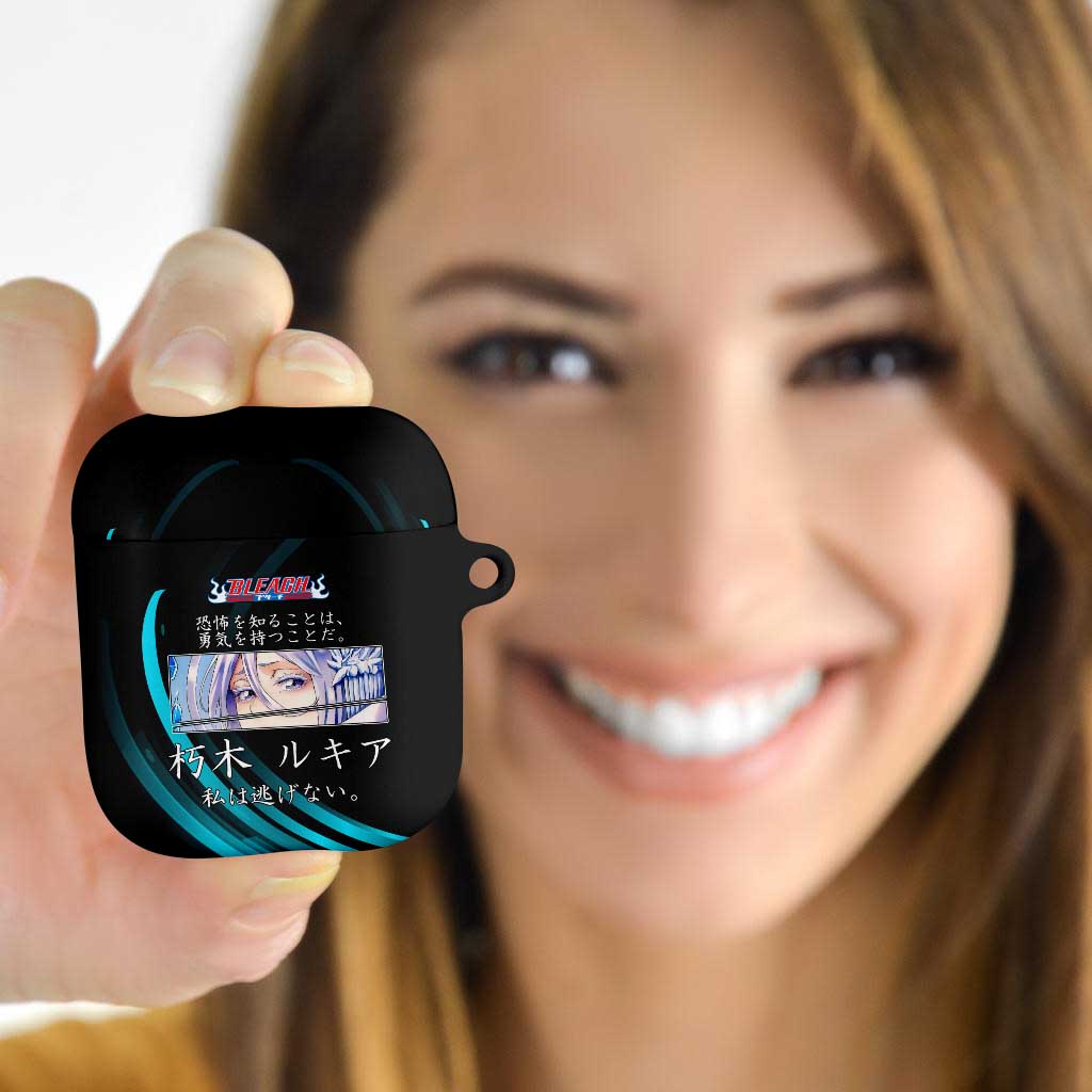 Rukia Kuchiki Bleach Anime Black and Teal Theme AirPods Case with Zanpakuto Pose and Japanese Quote Design - The Mazicc