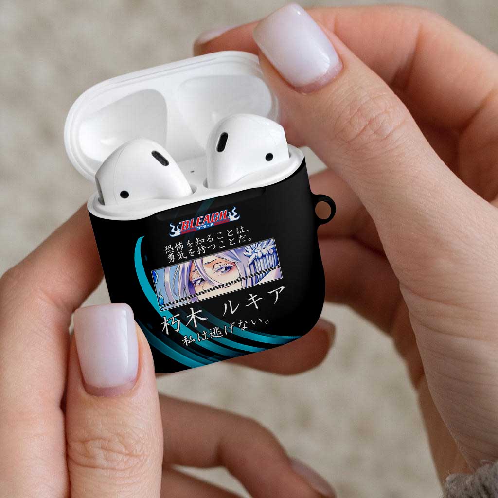 Rukia Kuchiki Bleach Anime Black and Teal Theme AirPods Case with Zanpakuto Pose and Japanese Quote Design - The Mazicc