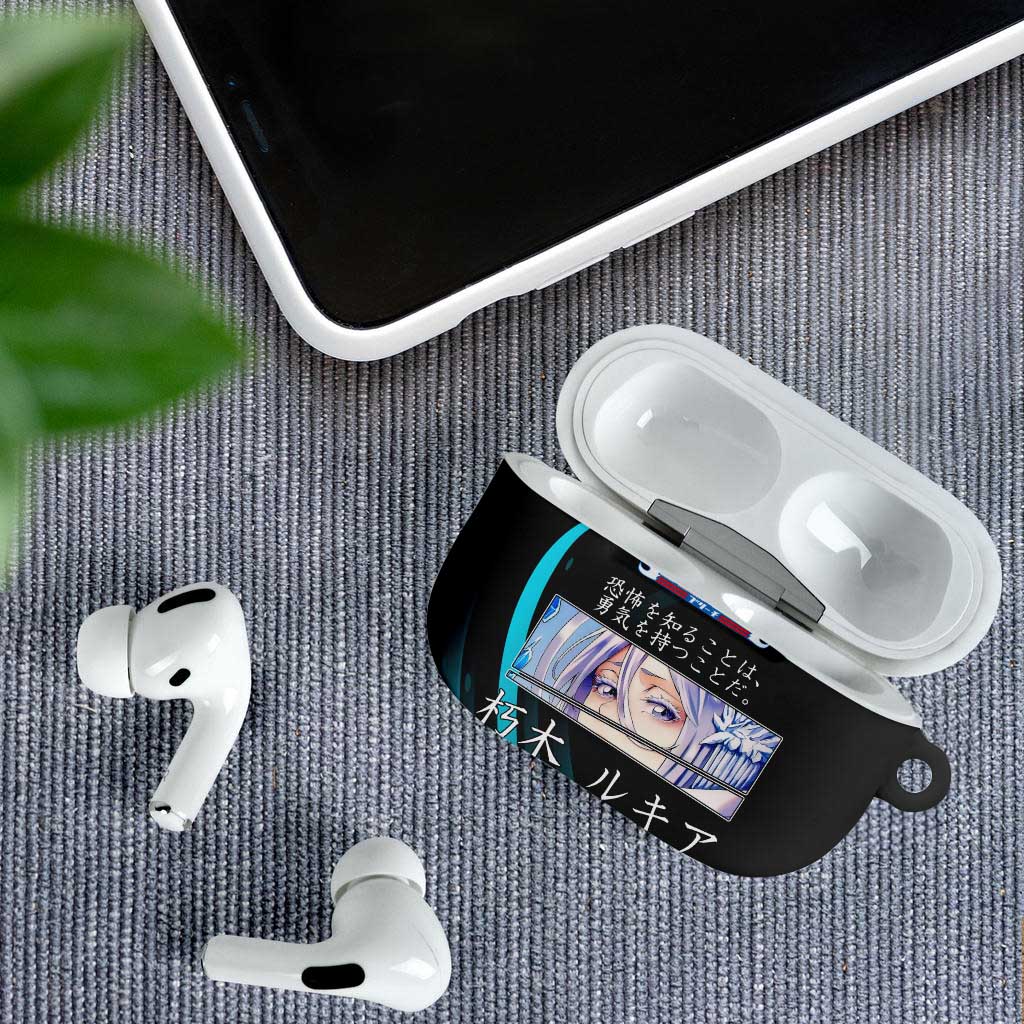 Rukia Kuchiki Bleach Anime Black and Teal Theme AirPods Case with Zanpakuto Pose and Japanese Quote Design - The Mazicc