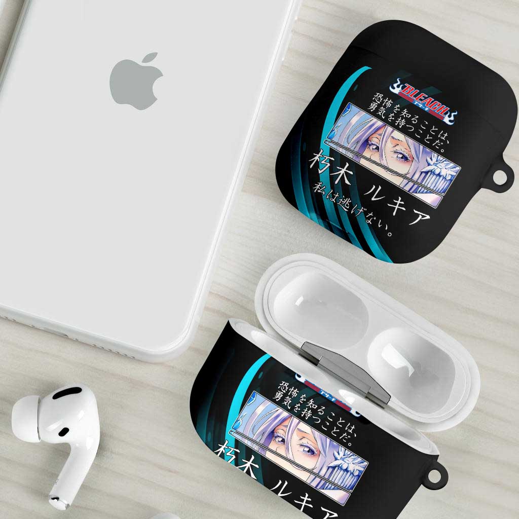 Rukia Kuchiki Bleach Anime Black and Teal Theme AirPods Case with Zanpakuto Pose and Japanese Quote Design - The Mazicc
